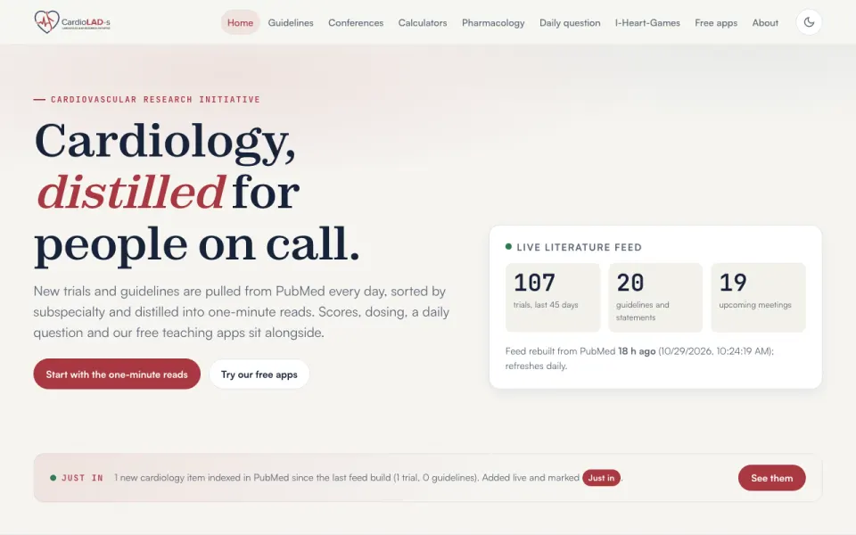 CardioLADs: the home page with a live literature feed count and a headline about trials and guidelines.