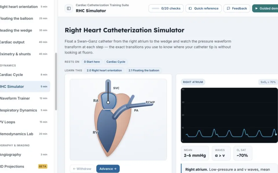 CathSim: the right heart catheterization simulator with its pressure tracing and controls.