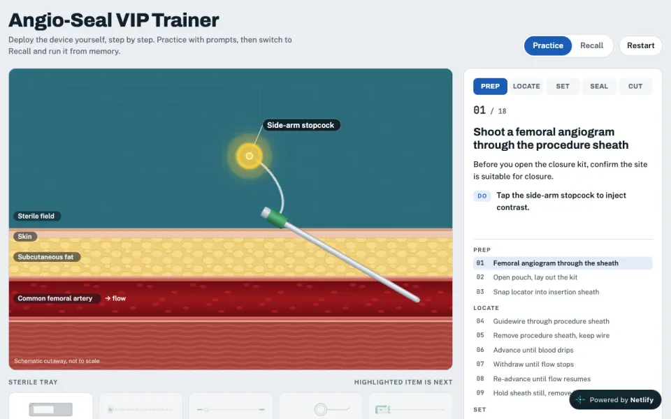 Angio-Seal VIP Trainer: a cutaway of the femoral artery with the closure device and a prompted step list.