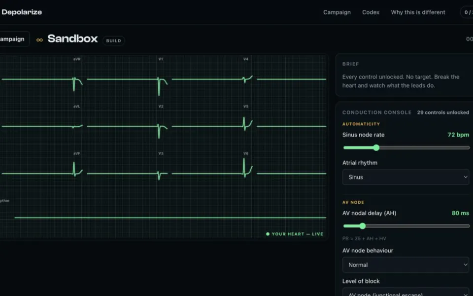 Depolarize: the open conduction-system sandbox with its controls.