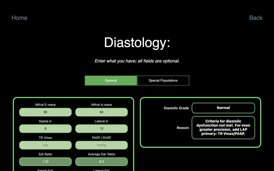 EchoWorkflows: the diastology calculator with example measurements entered.