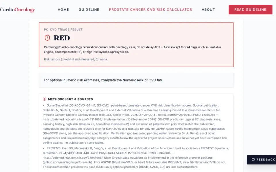Prostate Cancer CVD Risk Triage Tool: the triage checklist and a generated report.