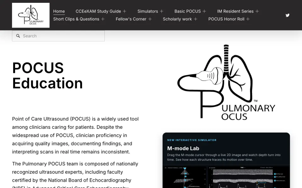 Pulmonary POCUS home page: POCUS Education, the lung and probe logo, and the M-mode Lab simulator.