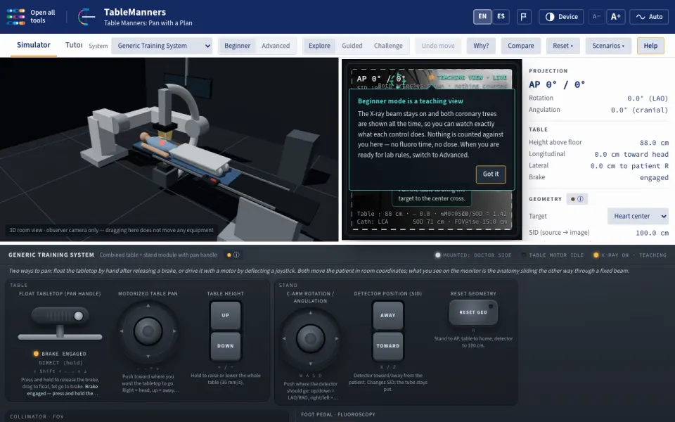 Table Manners: the 3D cath lab with the C-arm, fluoro monitor and control module.