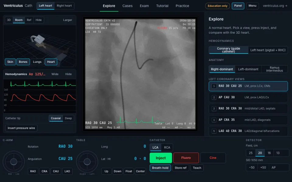Ventriculus Cath: a simulated coronary angiogram with a 3D heart, hemodynamics and a list of standard views.