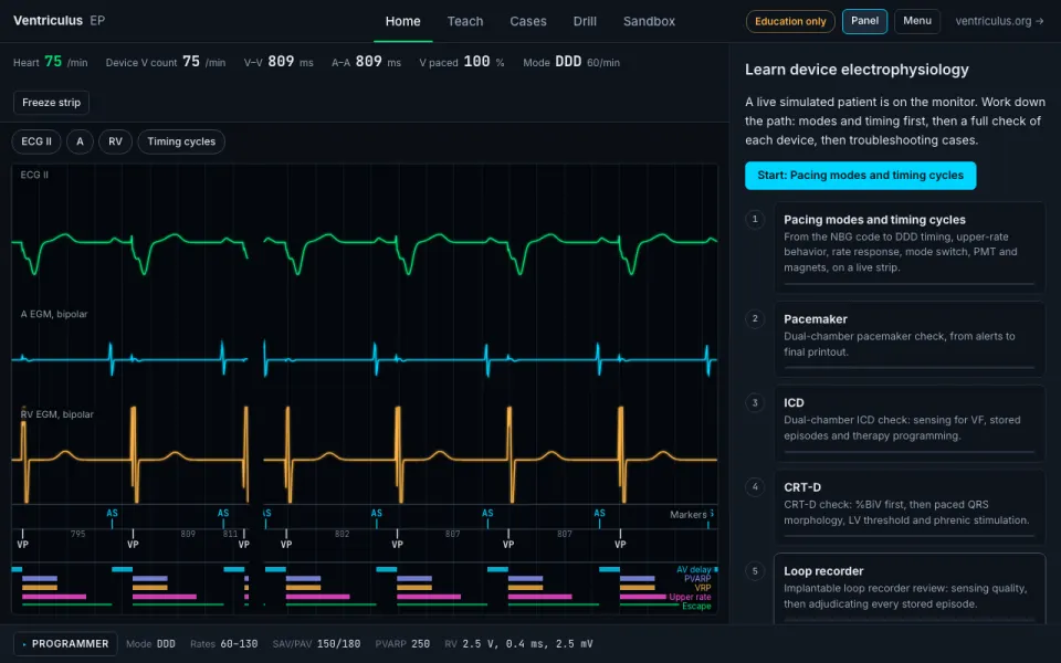 Ventriculus Device Programmer: a live surface ECG and atrial and ventricular electrograms with a learning path beside them.