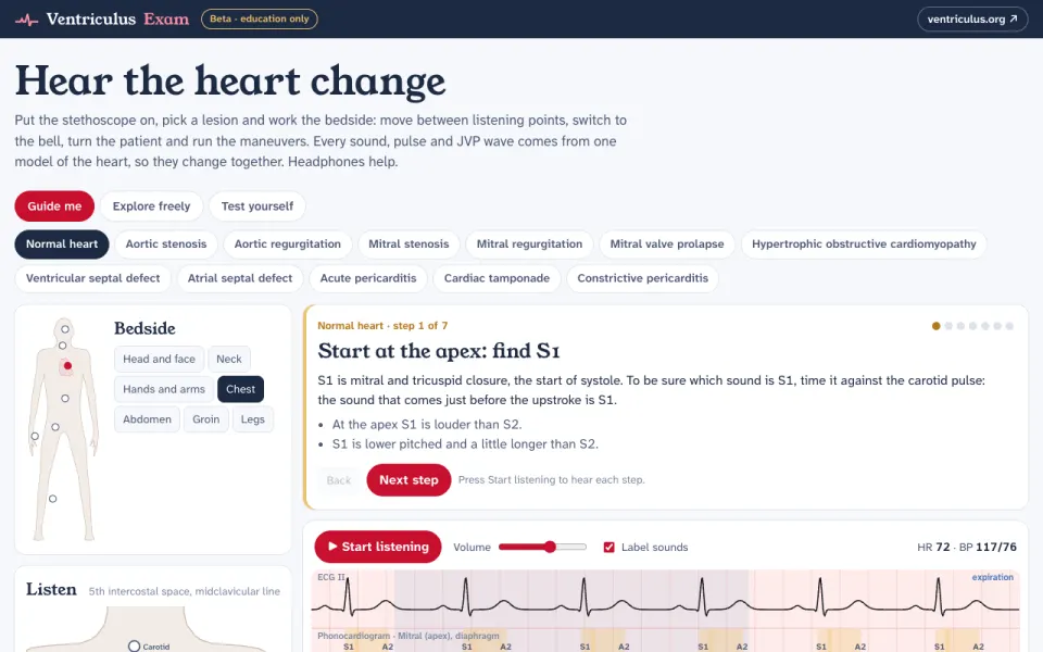Ventriculus Cardiac Exam: a body map with listening points beside a guided first step and a live ECG and murmur trace.