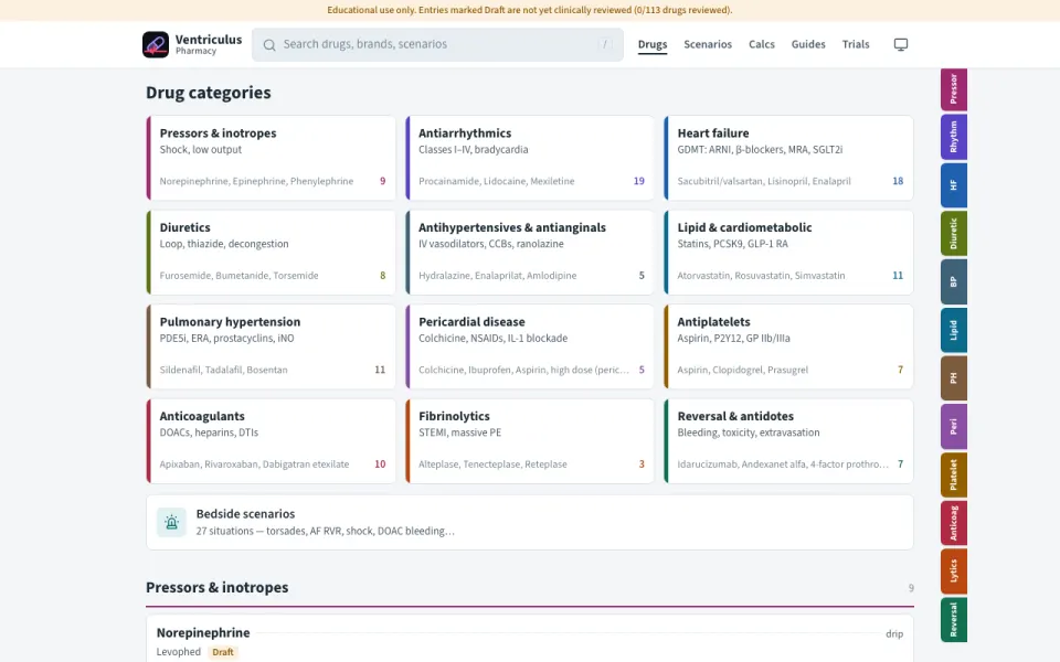Ventriculus Pharmacy: drug categories with counts and a search box for drugs, brands and scenarios.