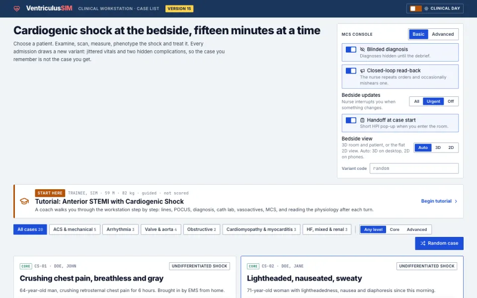 VentriculusSIM: the case list with a guided tutorial and settings for blinded diagnosis and read-back.